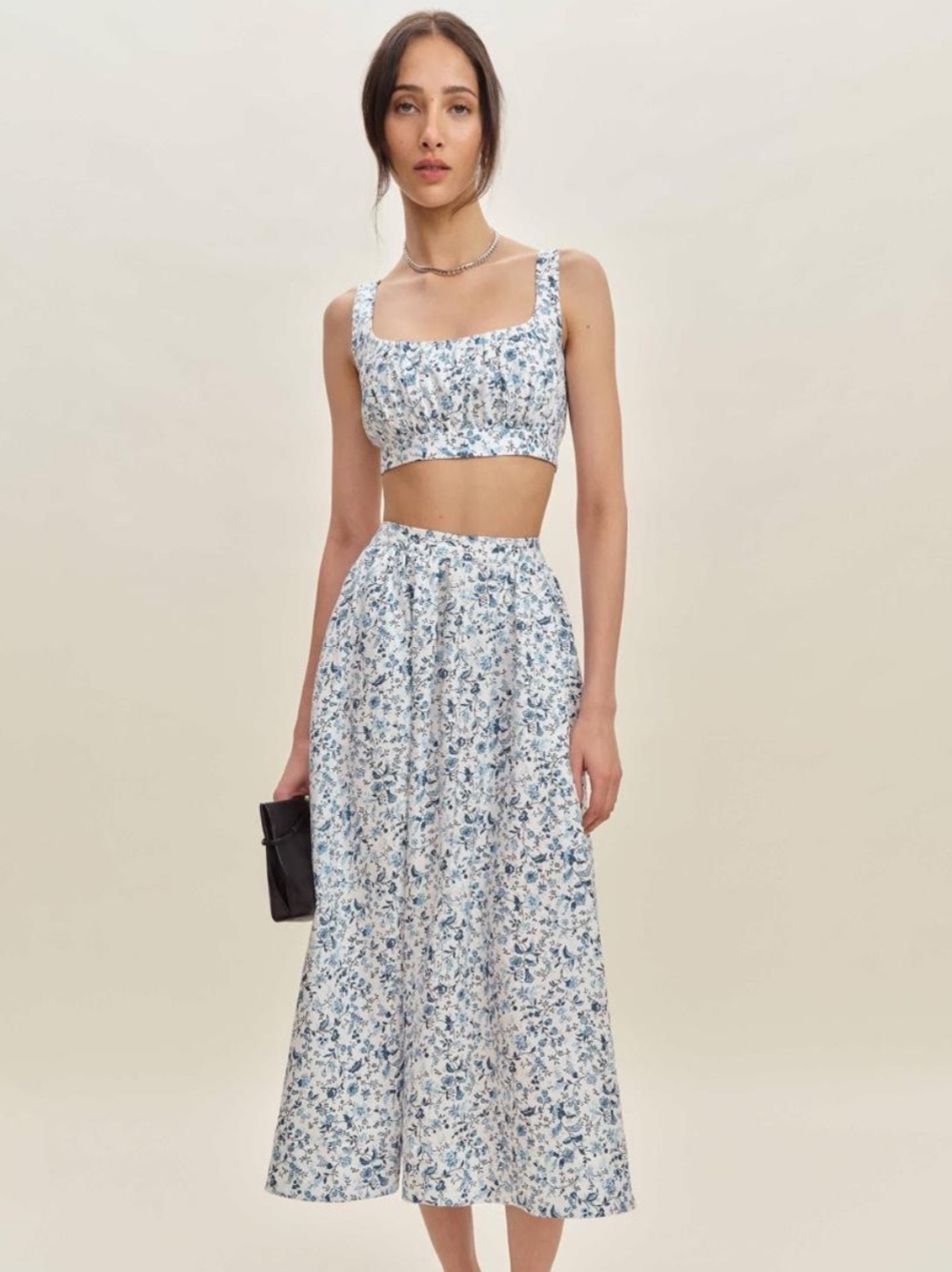 Reformation Blue and White Floral Midi Skirt